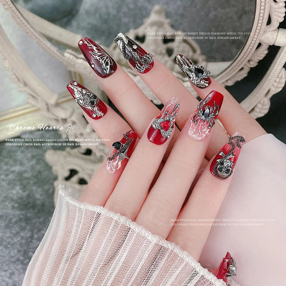 10PCS Gothic Punk Style Alloy 3D Nail Art Charms Heart Skeleton Cross Spider Design For Halloween Nails Decoration Accessories
