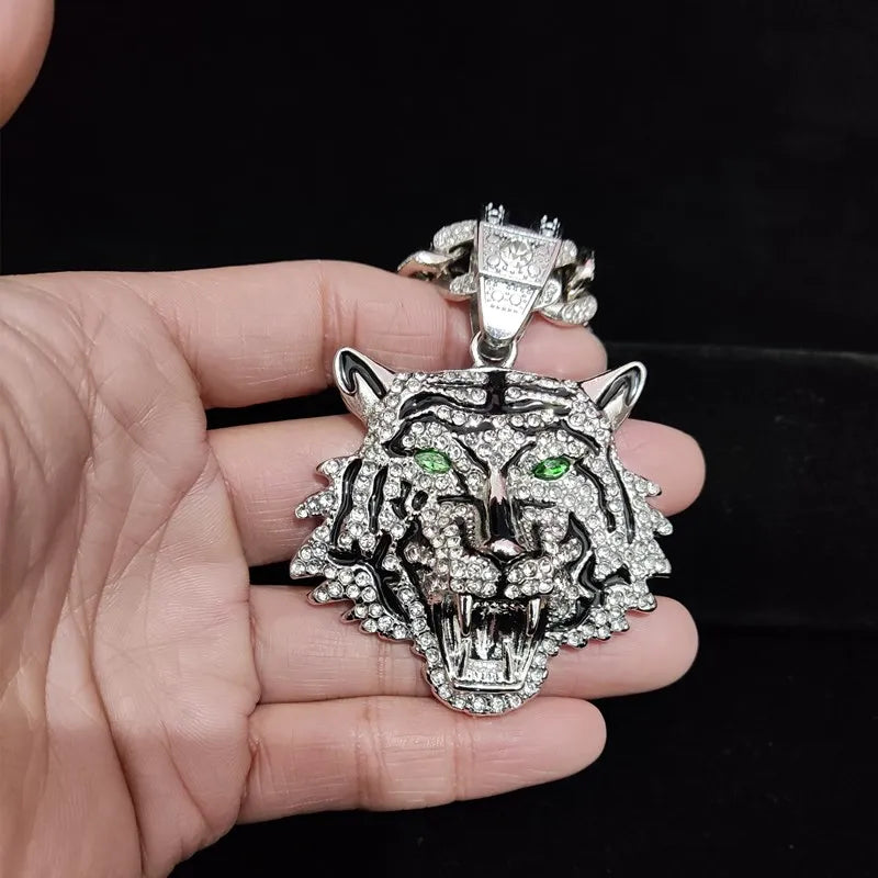 Hip Hop 3D Tiger Pendant Necklace with 13mm Crystal Cuban Chain HipHop Iced Out Bling Necklaces Men Women Fashion Charm Jewelry