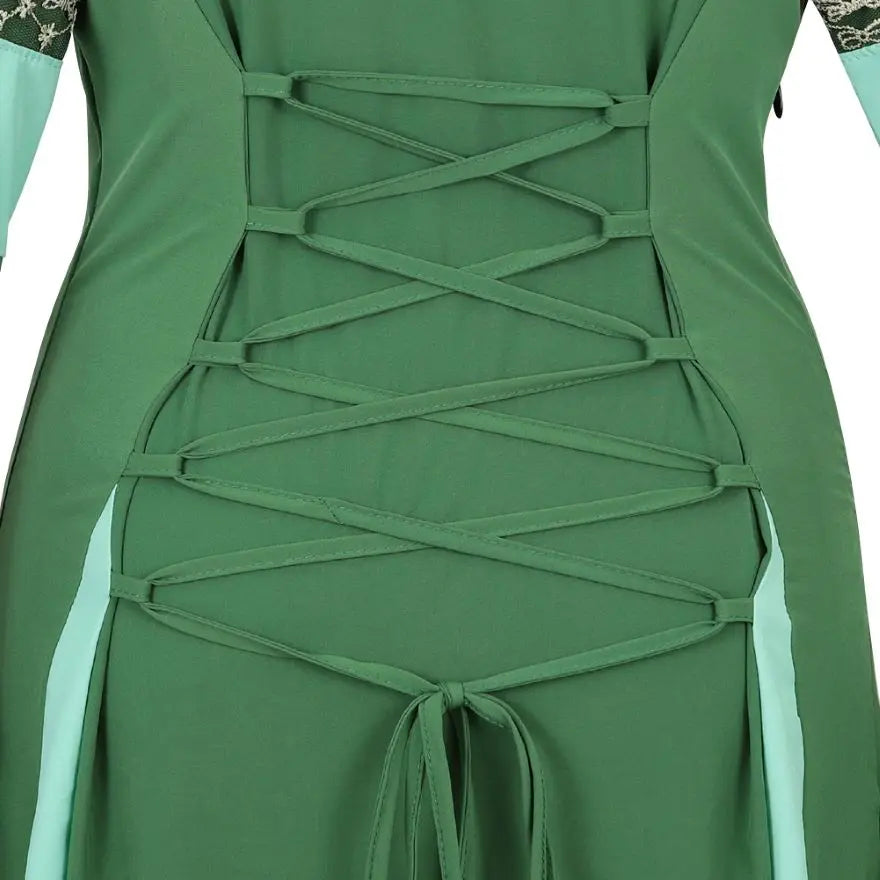 Women Medieval Renaissance Trumpet Sleeve Retro Loor Length Gown Lace Trim Irish Over Long Dress Halloween Costume Plus Size