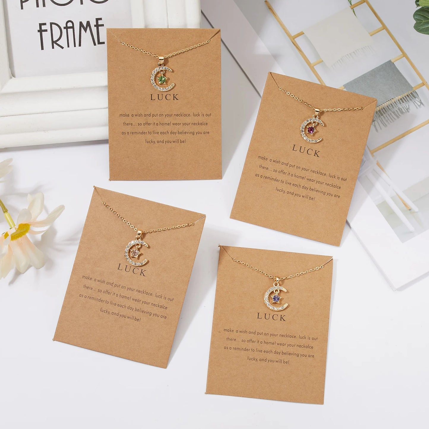 Fashion Personality Birthstone Moon Star Crystal Pendant Necklace for Women Clavicle Chain Choker Birthday Party Jewelry Gift