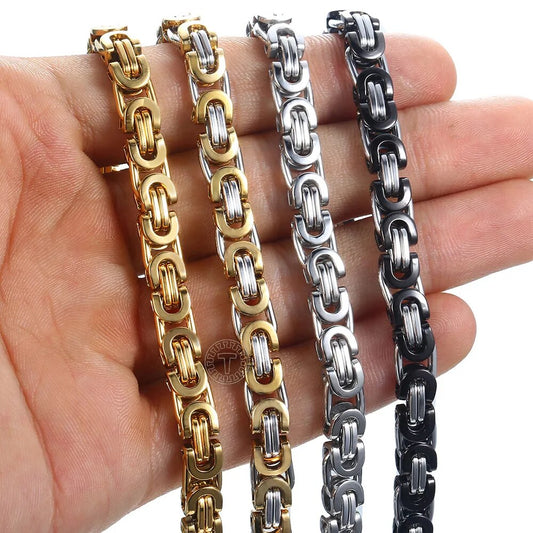 7/9/11mm Men's Bracelet Stainless Steel Byzantine Link Chain Gold Color Black Bracelets Male Jewelry 7-11" KBB1