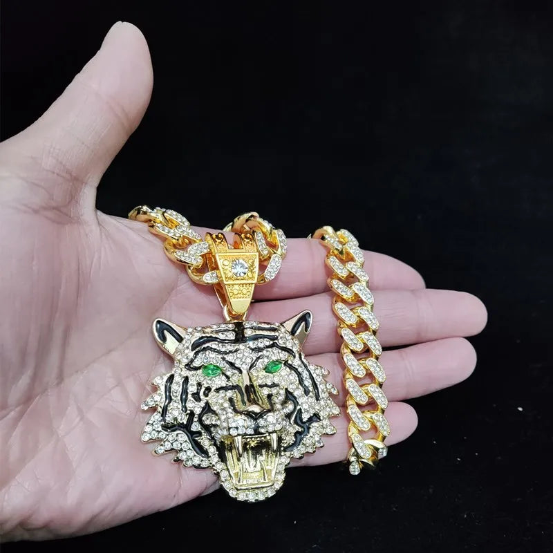 Hip Hop 3D Tiger Pendant Necklace with 13mm Crystal Cuban Chain HipHop Iced Out Bling Necklaces Men Women Fashion Charm Jewelry