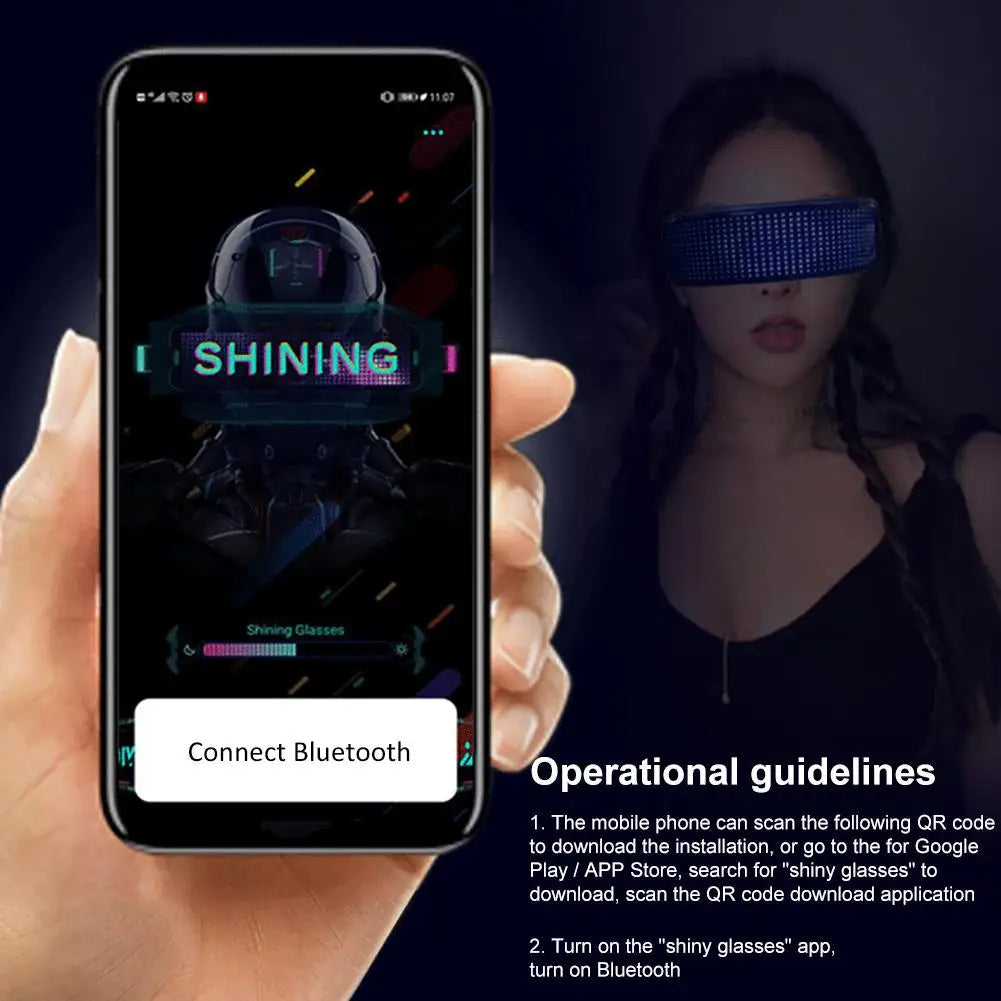 Shining LED Glasses Luminous Futuristic Electronic Visor Glasses Bluetooth Light Up Glasses Halloween Bar Performance Prop APP