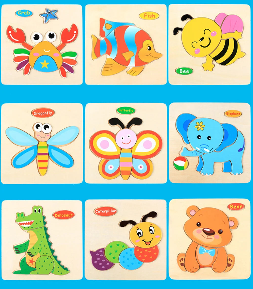 Baby Toys Wooden 3D Puzzle Cartoon Animal Vehicle Wood Jigsaw Puzzles Intelligence Montessori Educational Toys for Children