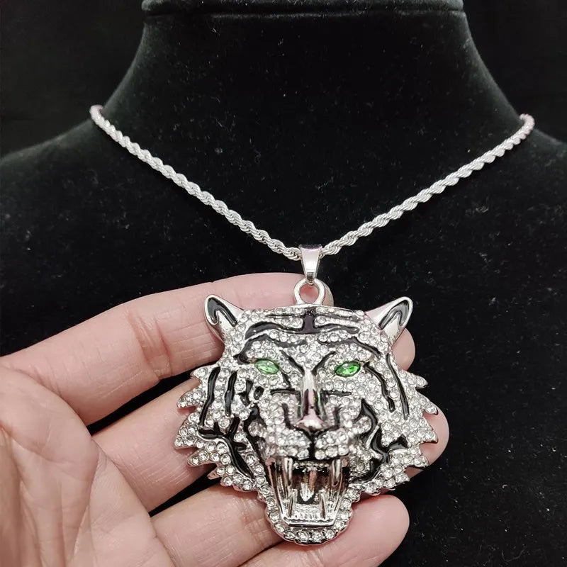 Hip Hop 3D Tiger Pendant Necklace with 13mm Crystal Cuban Chain HipHop Iced Out Bling Necklaces Men Women Fashion Charm Jewelry