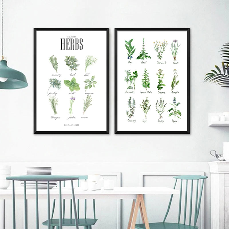 Culinary Herbs Prints Vegetable Botanical Poster Kitchen Decor , Spices Herbs Guide Wall Art Pictures Canvas Painting Decoration