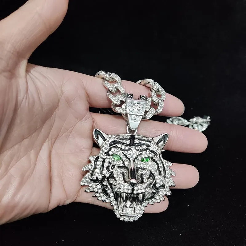 Hip Hop 3D Tiger Pendant Necklace with 13mm Crystal Cuban Chain HipHop Iced Out Bling Necklaces Men Women Fashion Charm Jewelry