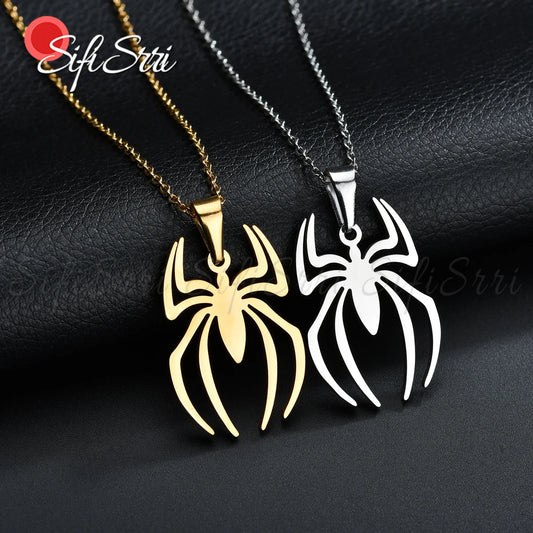 Sifisrri New Fashion Spider Halloween Pendants Round Chain Necklace Stainless Steel For Women Men Silver Color Jewelry Gift