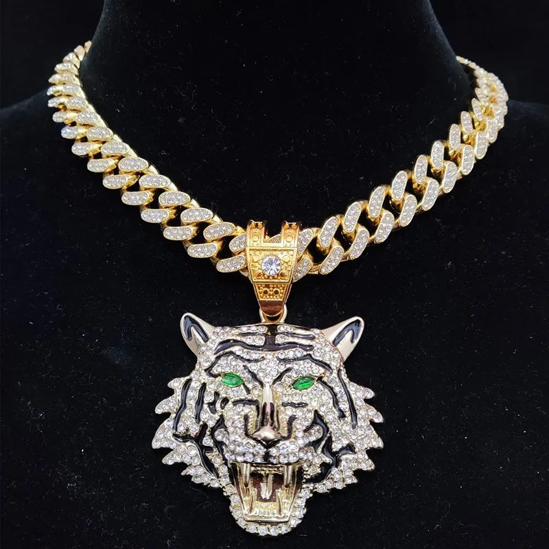 Hip Hop 3D Tiger Pendant Necklace with 13mm Crystal Cuban Chain HipHop Iced Out Bling Necklaces Men Women Fashion Charm Jewelry