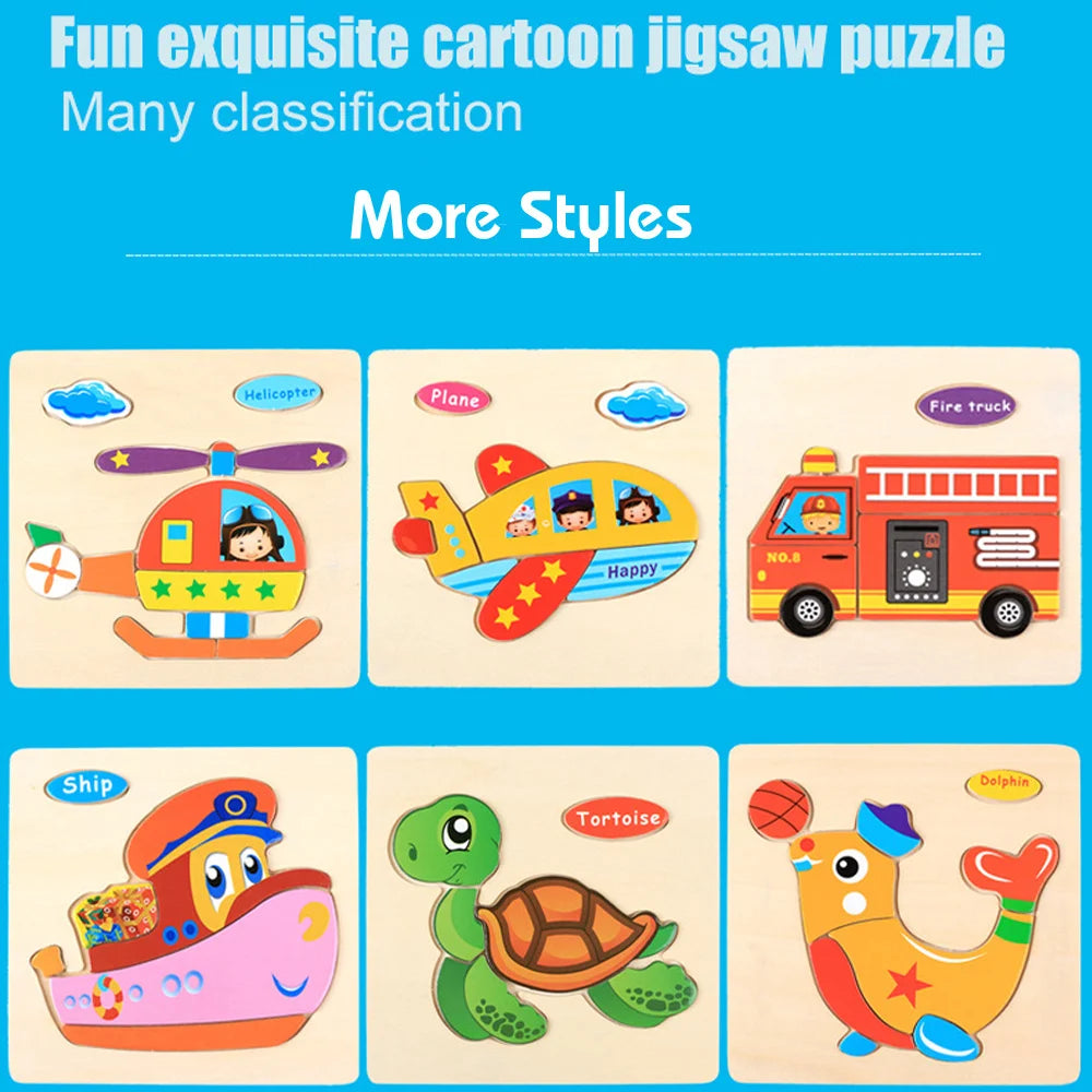 Baby Toys Wooden 3D Puzzle Cartoon Animal Vehicle Wood Jigsaw Puzzles Intelligence Montessori Educational Toys for Children