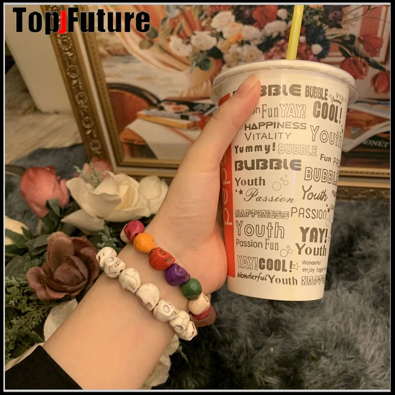 Gothic Lolita Cosplay Harajuku New cool girl skull punk hip hop white black skeleton Turquoise bracelet Halloween Cosplay props