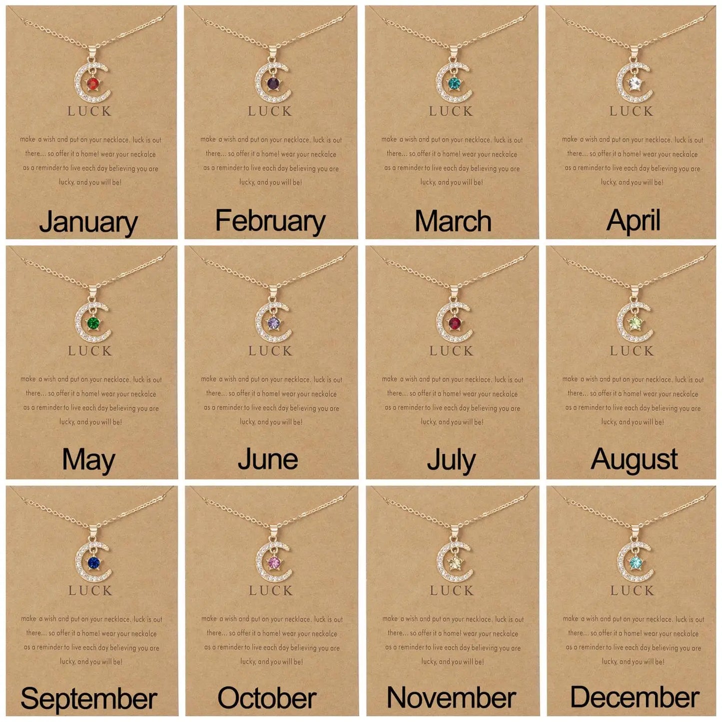 Fashion Personality Birthstone Moon Star Crystal Pendant Necklace for Women Clavicle Chain Choker Birthday Party Jewelry Gift