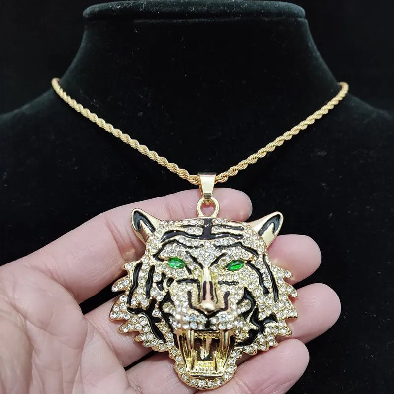 Hip Hop 3D Tiger Pendant Necklace with 13mm Crystal Cuban Chain HipHop Iced Out Bling Necklaces Men Women Fashion Charm Jewelry