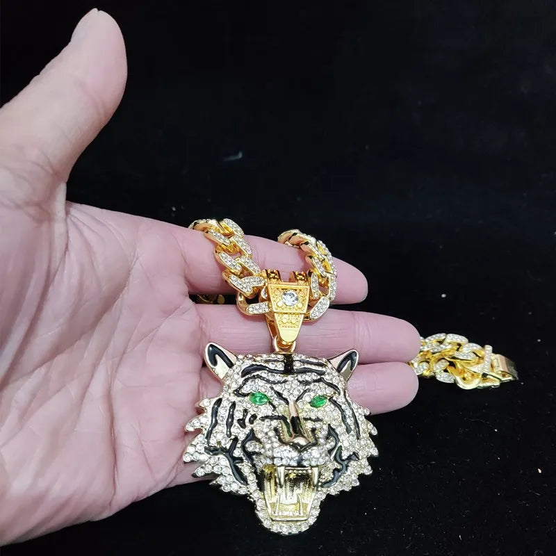 Hip Hop 3D Tiger Pendant Necklace with 13mm Crystal Cuban Chain HipHop Iced Out Bling Necklaces Men Women Fashion Charm Jewelry