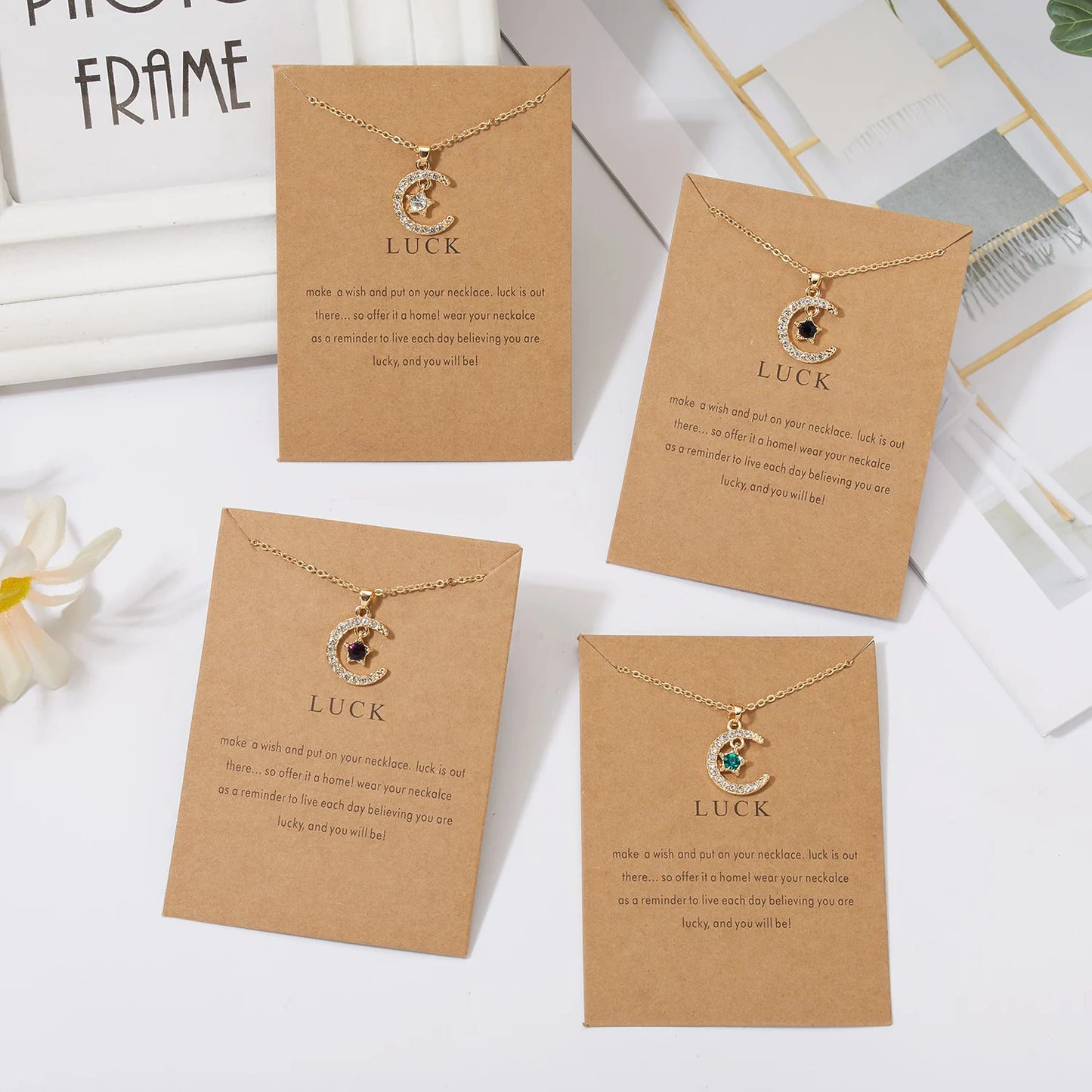 Fashion Personality Birthstone Moon Star Crystal Pendant Necklace for Women Clavicle Chain Choker Birthday Party Jewelry Gift