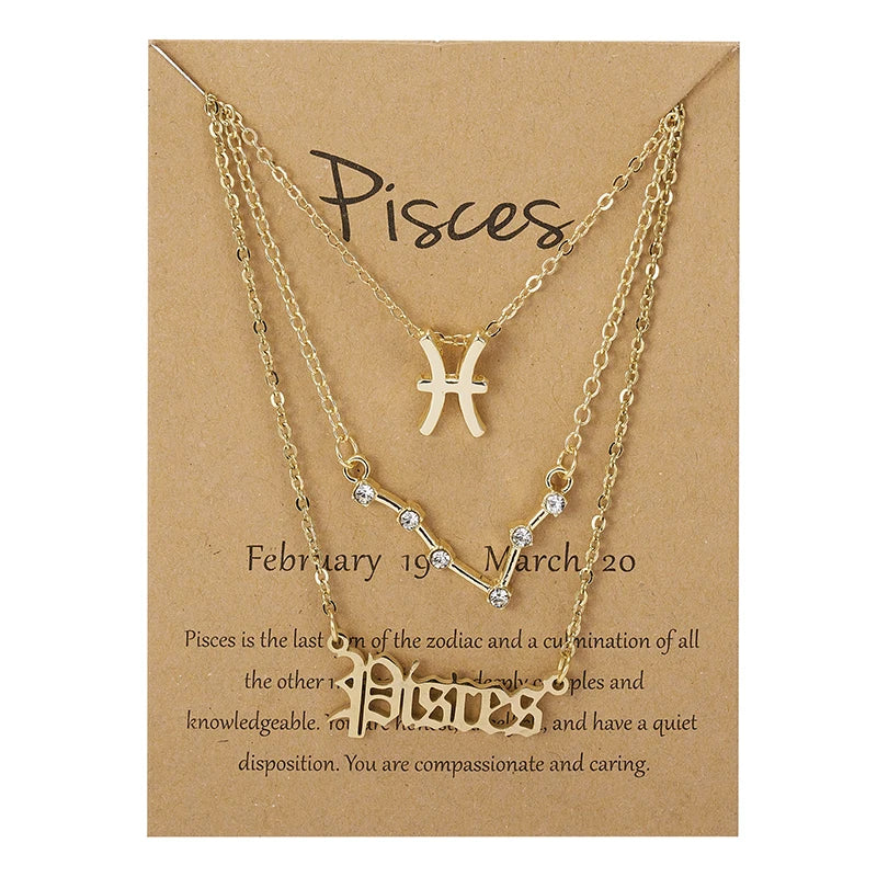 3Pcs/set 12 Zodiac Sign Necklaces Set For Women Constellation Pendant Chain Choker Birthday Jewelry With Cardboard Card