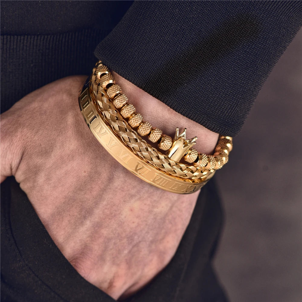 Luxury Roman Royal Crown Charm Bracelet Men Stainless Steel Geometry Pulseiras Men Open Adjustable Bracelets Couple Jewelry Gift