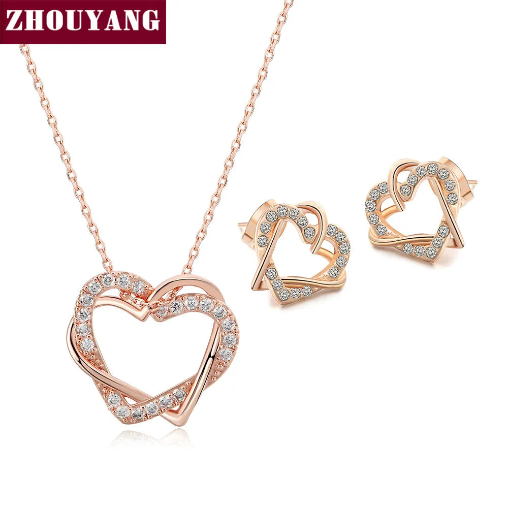 ZHOUYANG Top Quality ZYS007 Rose Gold Color Elegant Hearts Wedding Jewelry Necklace Earrings Set Made with Austrian Crystals