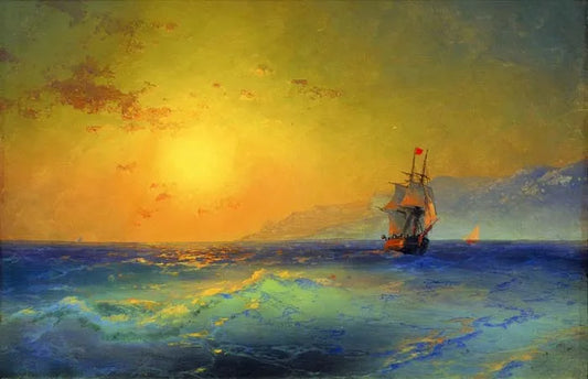 HOME OFFICE WALL Decor ART # 100% handpainted work Russian Ivan Aivazovsky Ship in Sunset glow copy art oil painting on canvas
