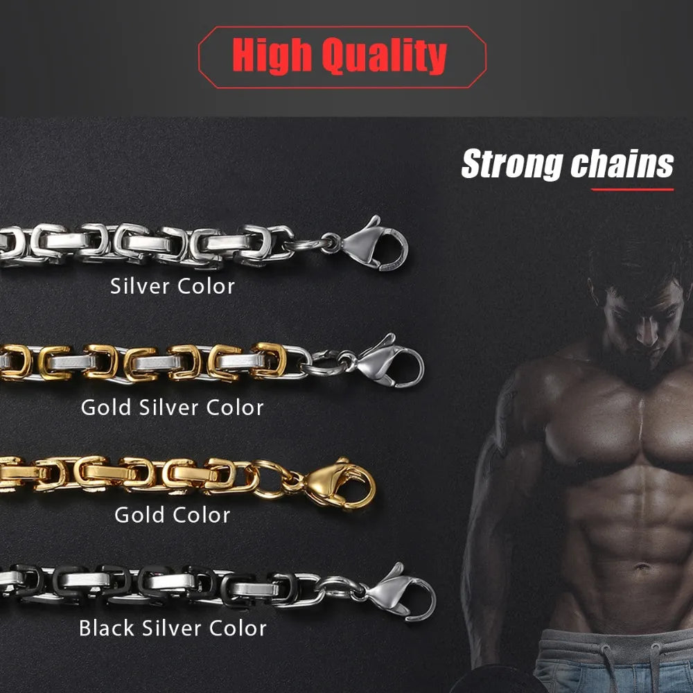 5mm Byzantine Box Link Chain Necklace For Men Stainless Steel Chain Gold Color Black Fashion Men Jewelry Wholesale 18-36" KNN24