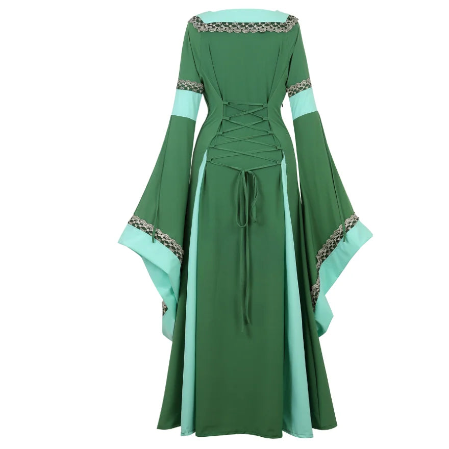 Women Medieval Renaissance Trumpet Sleeve Retro Loor Length Gown Lace Trim Irish Over Long Dress Halloween Costume Plus Size