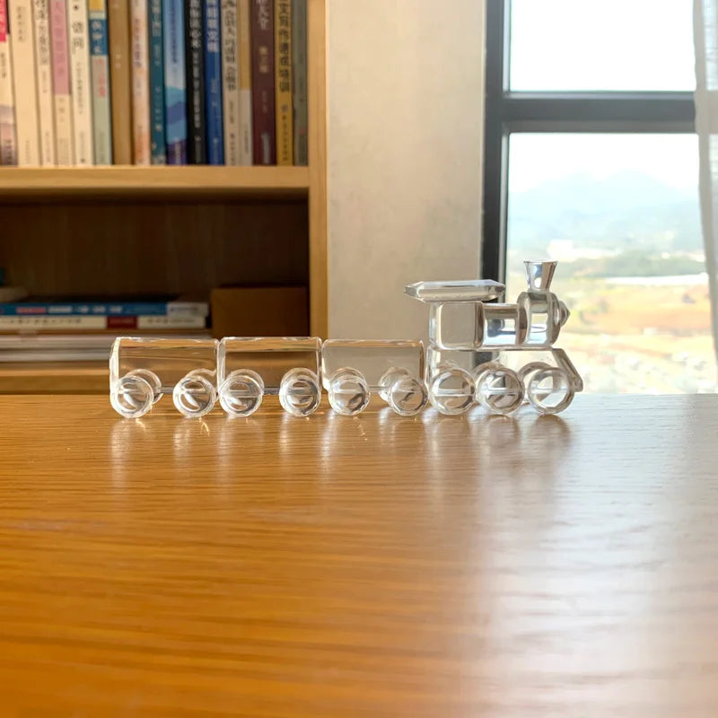 Crystal Train Figurine Glass Locomotive Train Ornament Craft Creative Moving Train Paperweight Home Decor Kids Christmas Gifts