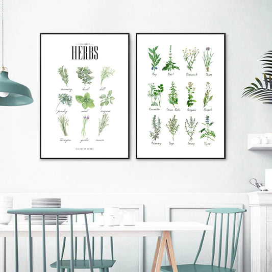 Culinary Herbs Prints Vegetable Botanical Poster Kitchen Decor , Spices Herbs Guide Wall Art Pictures Canvas Painting Decoration