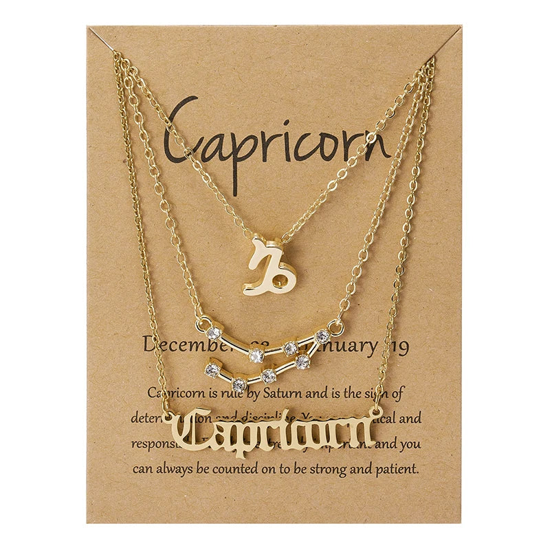 3Pcs/set 12 Zodiac Sign Necklaces Set For Women Constellation Pendant Chain Choker Birthday Jewelry With Cardboard Card