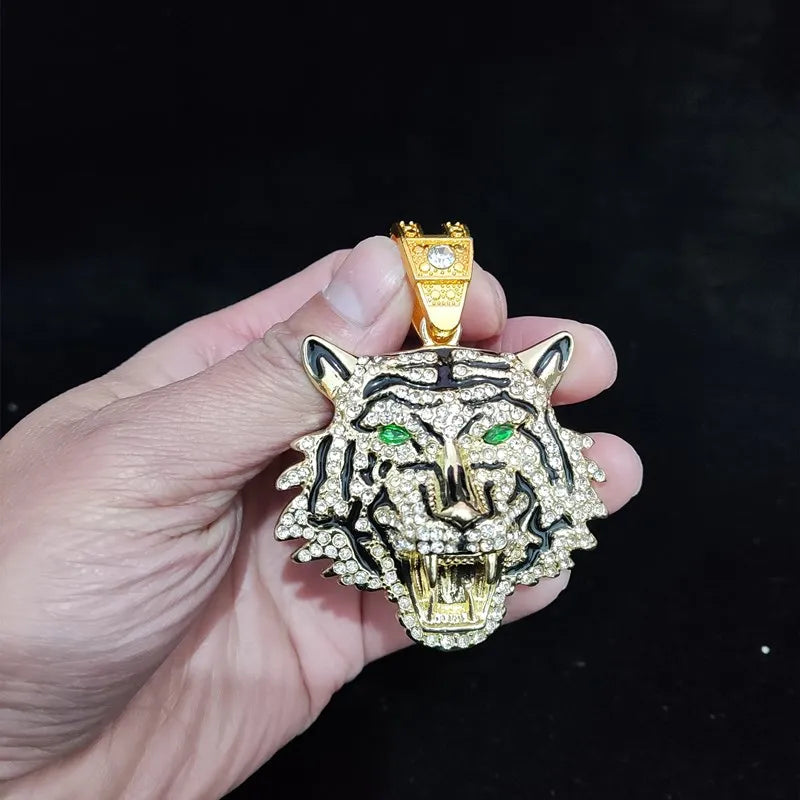 Hip Hop 3D Tiger Pendant Necklace with 13mm Crystal Cuban Chain HipHop Iced Out Bling Necklaces Men Women Fashion Charm Jewelry