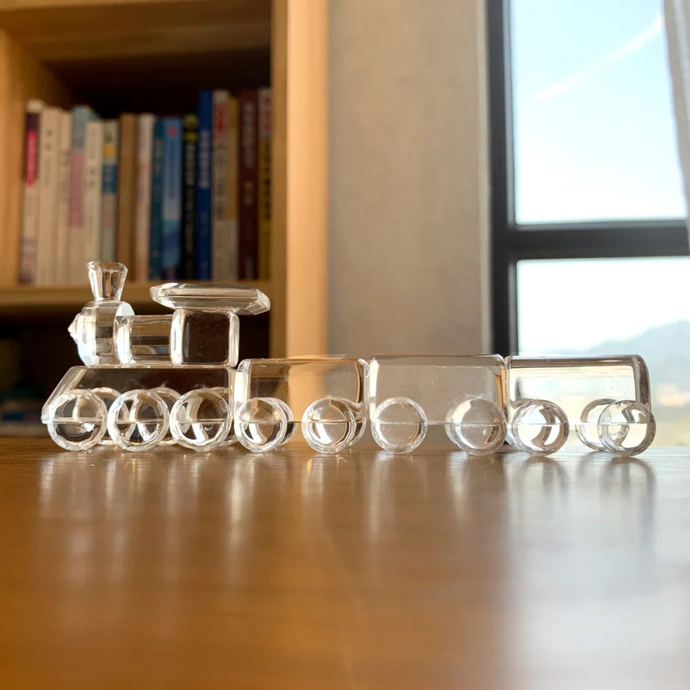 Crystal Train Figurine Glass Locomotive Train Ornament Craft Creative Moving Train Paperweight Home Decor Kids Christmas Gifts