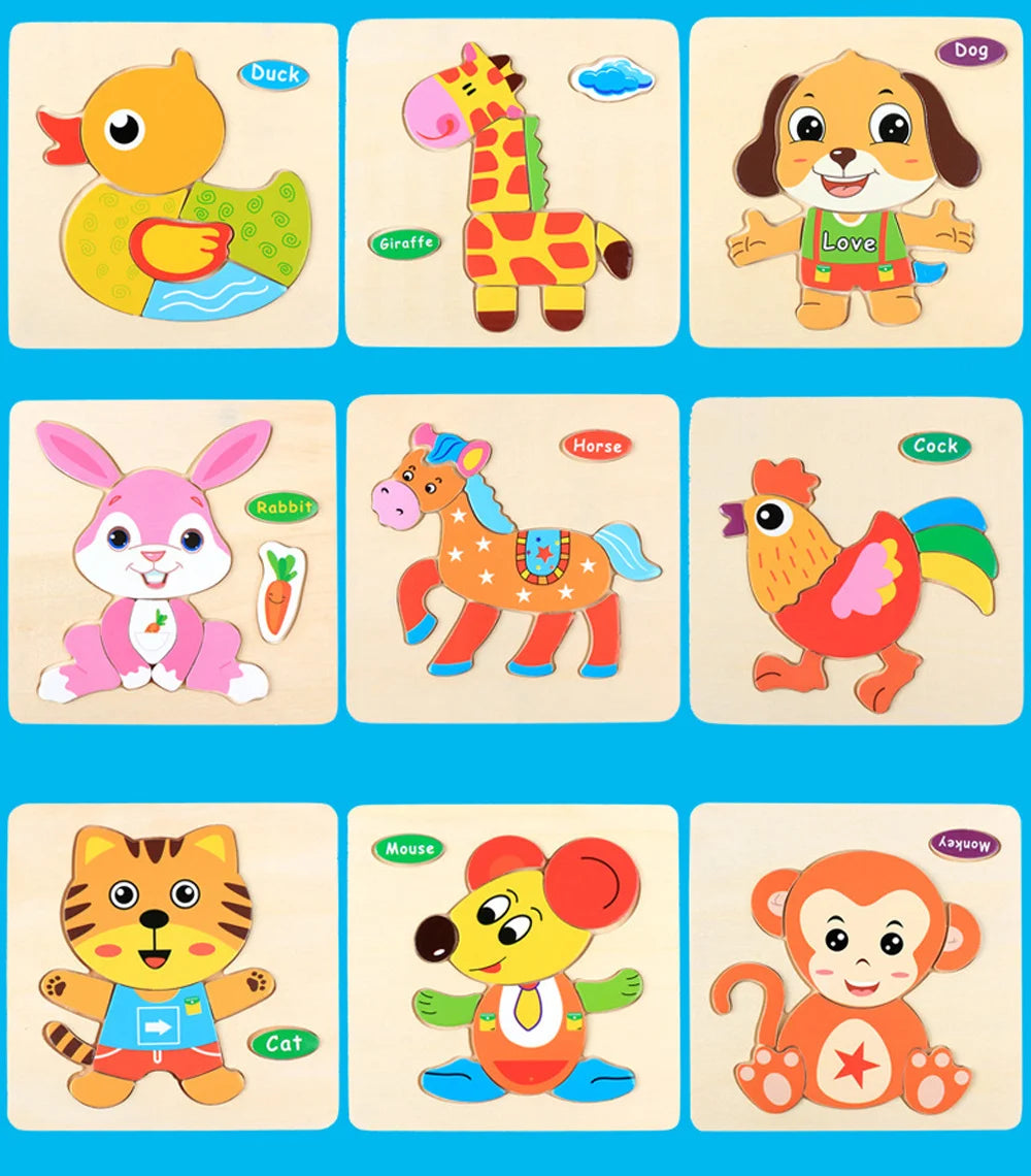 Baby Toys Wooden 3D Puzzle Cartoon Animal Vehicle Wood Jigsaw Puzzles Intelligence Montessori Educational Toys for Children