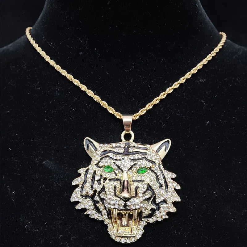 Hip Hop 3D Tiger Pendant Necklace with 13mm Crystal Cuban Chain HipHop Iced Out Bling Necklaces Men Women Fashion Charm Jewelry