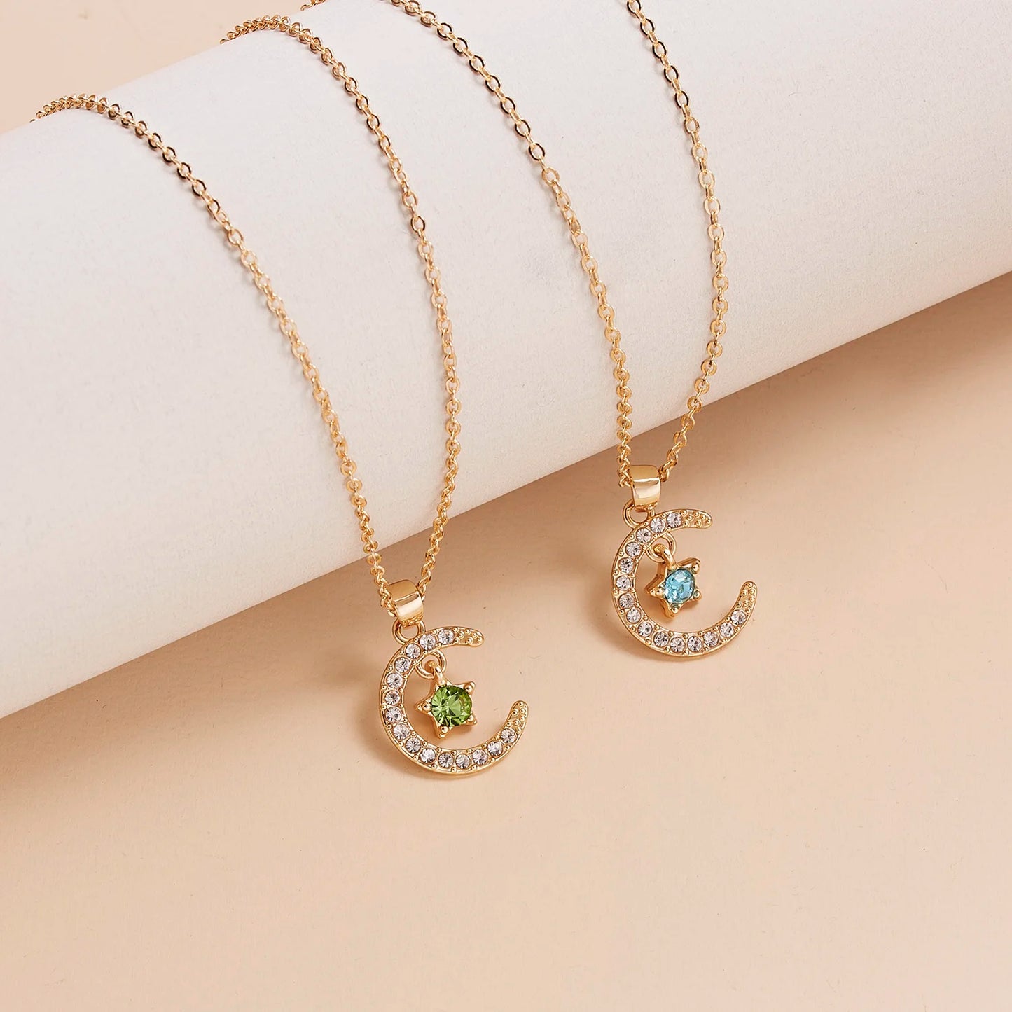 Fashion Personality Birthstone Moon Star Crystal Pendant Necklace for Women Clavicle Chain Choker Birthday Party Jewelry Gift