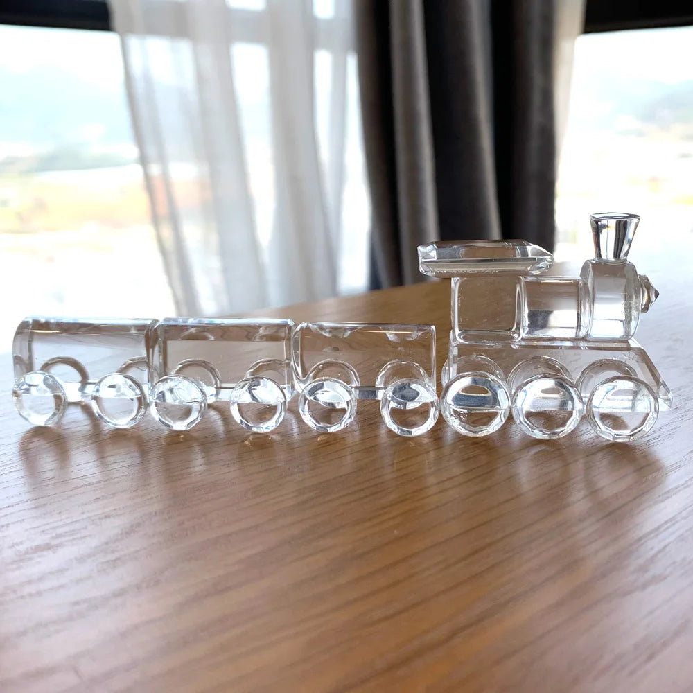 Crystal Train Figurine Glass Locomotive Train Ornament Craft Creative Moving Train Paperweight Home Decor Kids Christmas Gifts