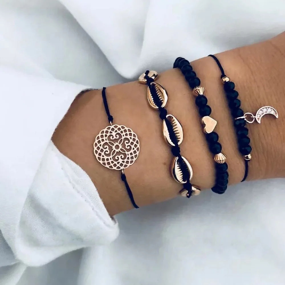 5pcs/set Bohemia Shell Moon Charm Bracelet set For Women Heart Geometric Black Beads Chain Bangle Girls Fashion Jewelry Gift