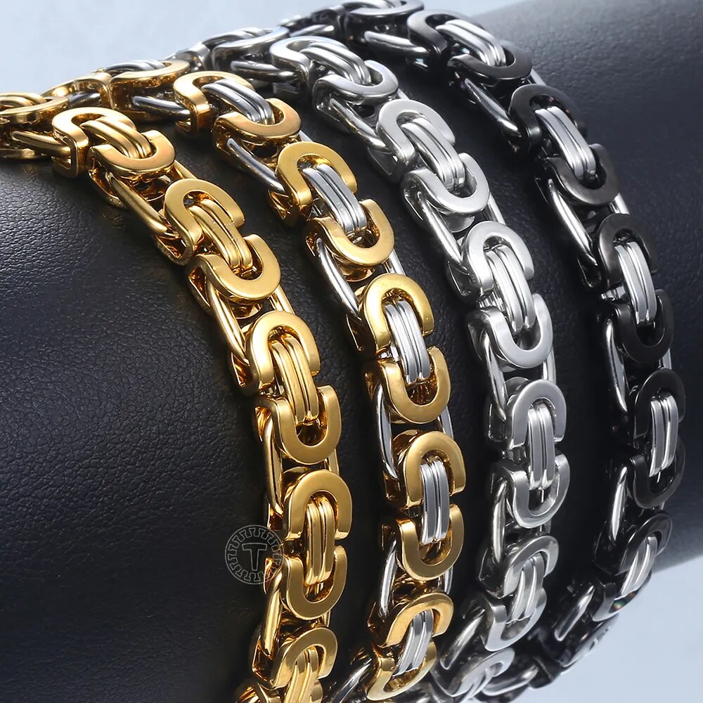 7/9/11mm Men's Bracelet Stainless Steel Byzantine Link Chain Gold Color Black Bracelets Male Jewelry 7-11" KBB1