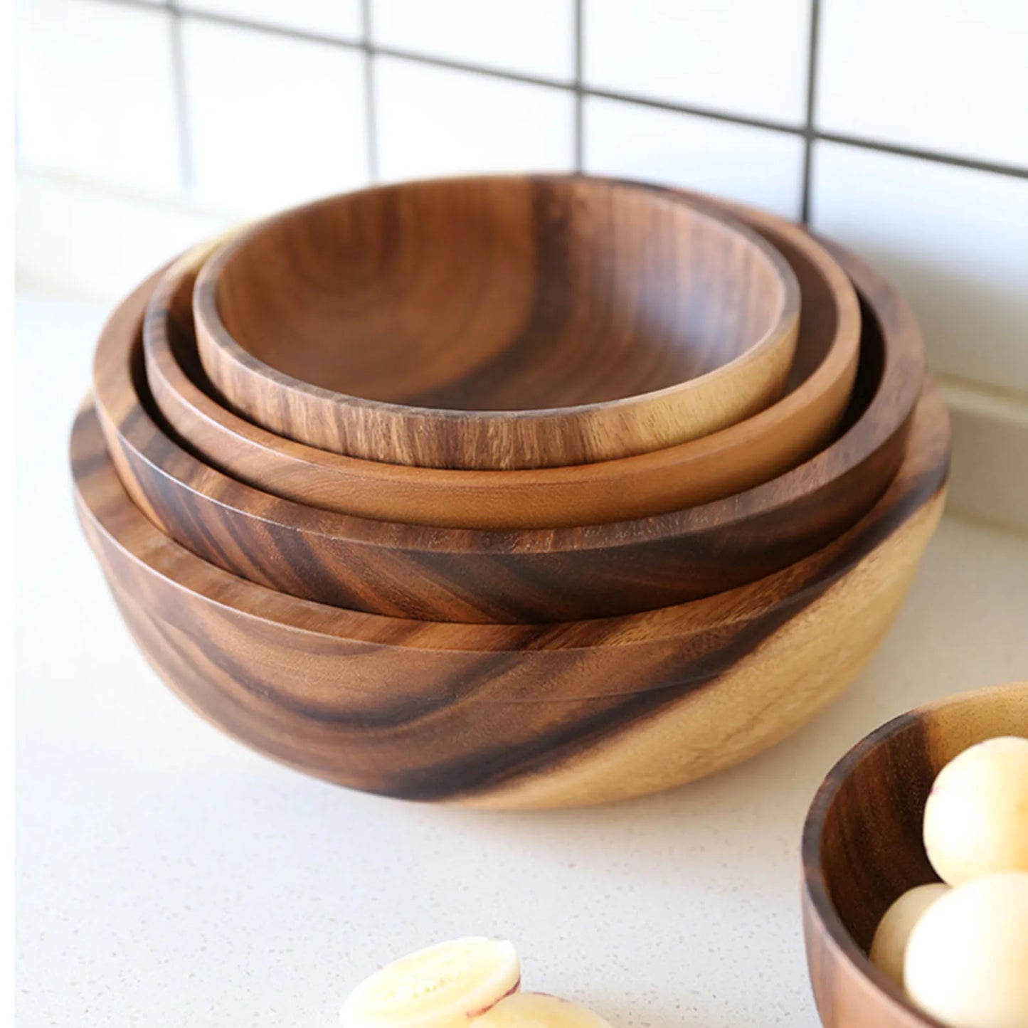 Household Round Wooden Fruit Salad Bowl Dinnerware Basin Container Kitchen Tool Tableware Beech Bowl