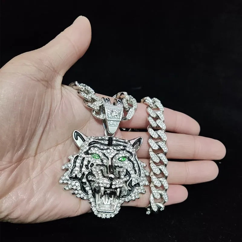 Hip Hop 3D Tiger Pendant Necklace with 13mm Crystal Cuban Chain HipHop Iced Out Bling Necklaces Men Women Fashion Charm Jewelry