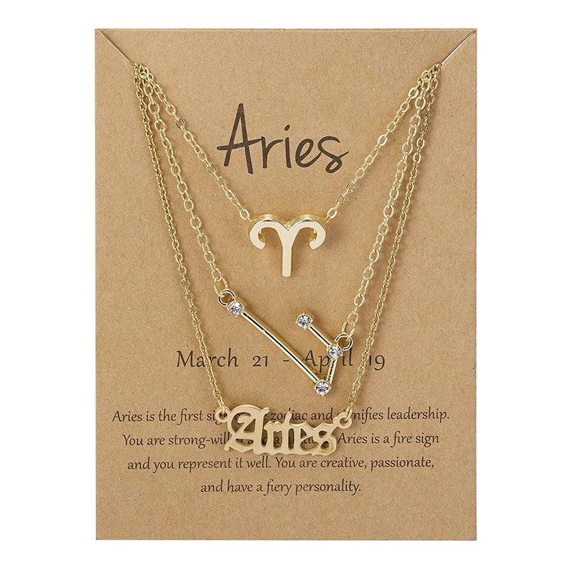 3Pcs/set 12 Zodiac Sign Necklaces Set For Women Constellation Pendant Chain Choker Birthday Jewelry With Cardboard Card