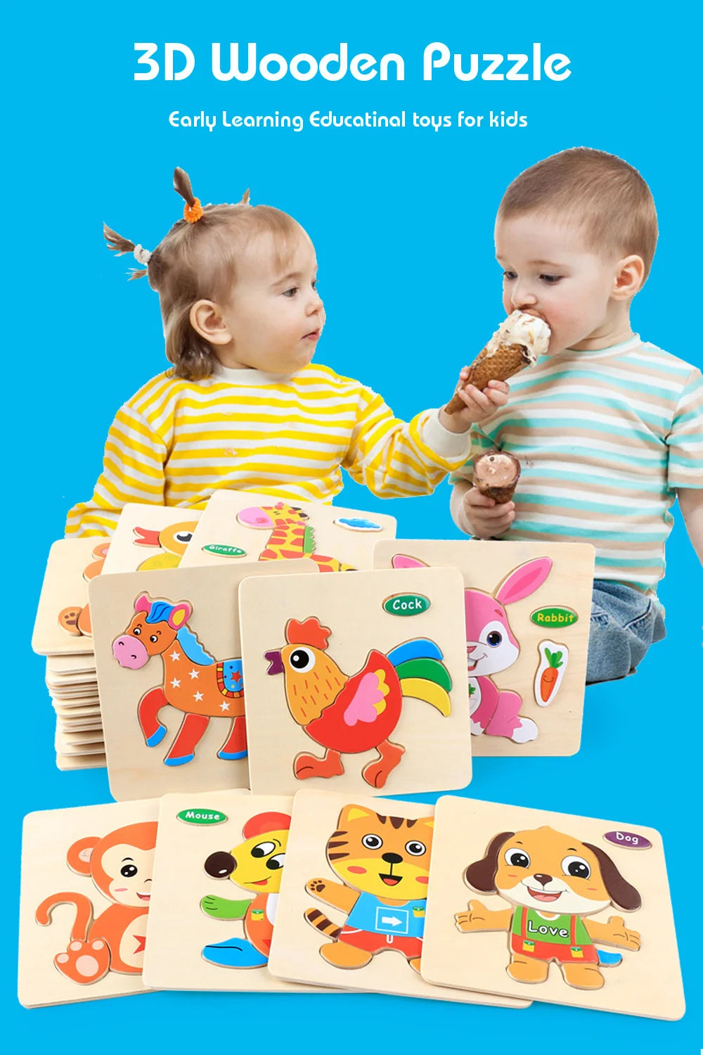 Baby Toys Wooden 3D Puzzle Cartoon Animal Vehicle Wood Jigsaw Puzzles Intelligence Montessori Educational Toys for Children