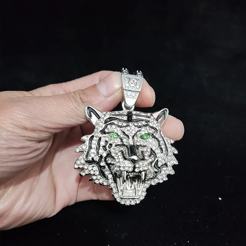 Hip Hop 3D Tiger Pendant Necklace with 13mm Crystal Cuban Chain HipHop Iced Out Bling Necklaces Men Women Fashion Charm Jewelry
