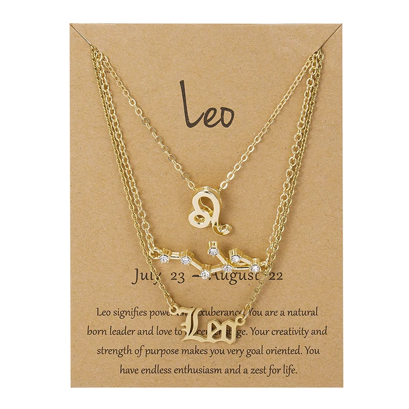 3Pcs/set 12 Zodiac Sign Necklaces Set For Women Constellation Pendant Chain Choker Birthday Jewelry With Cardboard Card