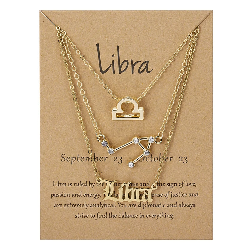 3Pcs/set 12 Zodiac Sign Necklaces Set For Women Constellation Pendant Chain Choker Birthday Jewelry With Cardboard Card