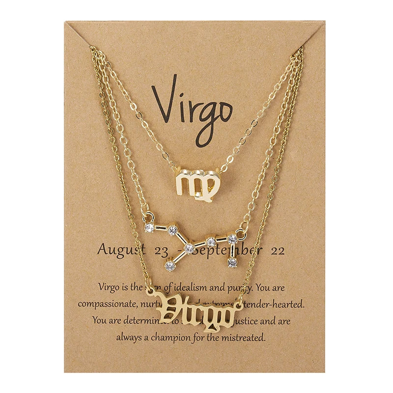 3Pcs/set 12 Zodiac Sign Necklaces Set For Women Constellation Pendant Chain Choker Birthday Jewelry With Cardboard Card
