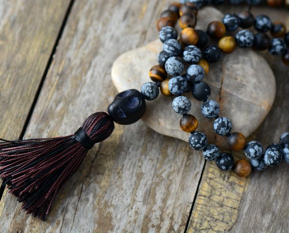 Men Necklace 8MM Matte Tiger Eye Stone with Skull