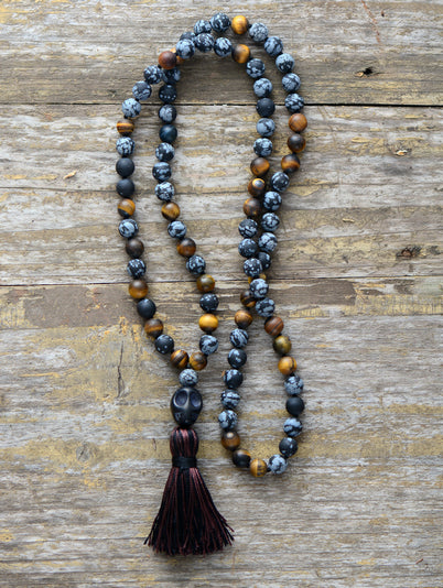 Men Necklace 8MM Matte Tiger Eye Stone with Skull