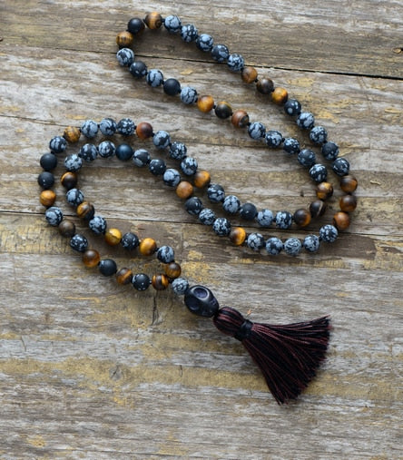 Men Necklace 8MM Matte Tiger Eye Stone with Skull