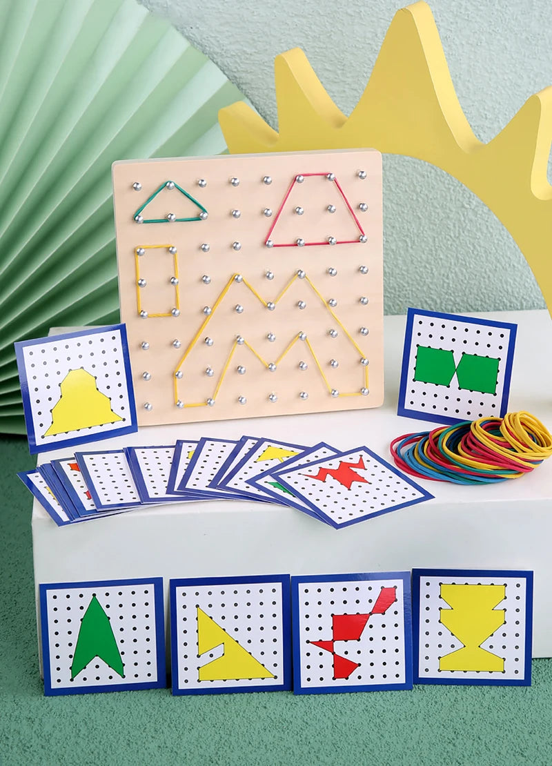Children Math Wooden Toys Set Geometric Shape Rubber Band Nailboard Game Montessori Educational Creative Toy Fine Christmas gift