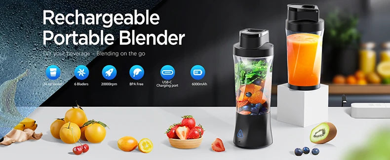 Portable Blender Cordless Self-Cleaning Mini Blender with Lid Silent Mini Travel Blender with Stainless Steel Blades USB Charge