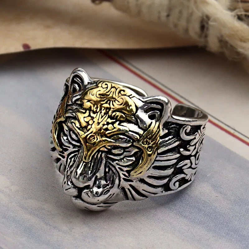 925 Silver Vintage Handsome Golded Tiger Head Mens Rings Hip Hop Style Domineering Ring Suitable for Daily Jewelry Wearing